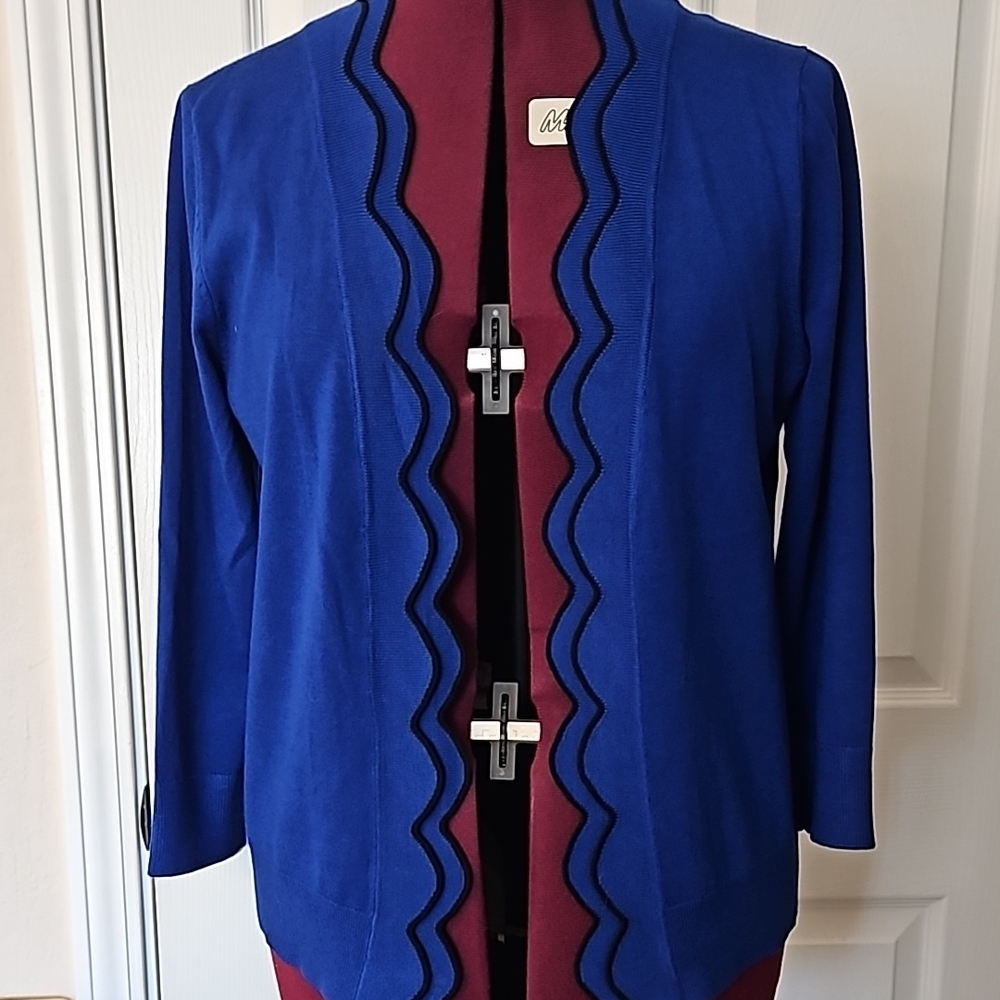 Royal Blue Cardigan Sweater with Decorative Edges